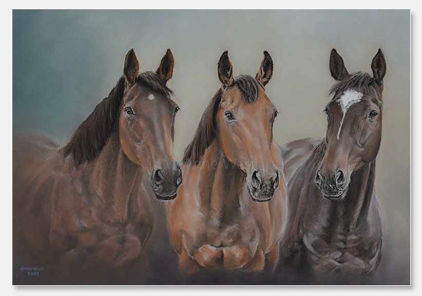 Anne Ward artist commissioned painting for Meon Valley Stud of Oaks winner Anapurna with Group 1 winners Izzi Top and Speedy Boarding